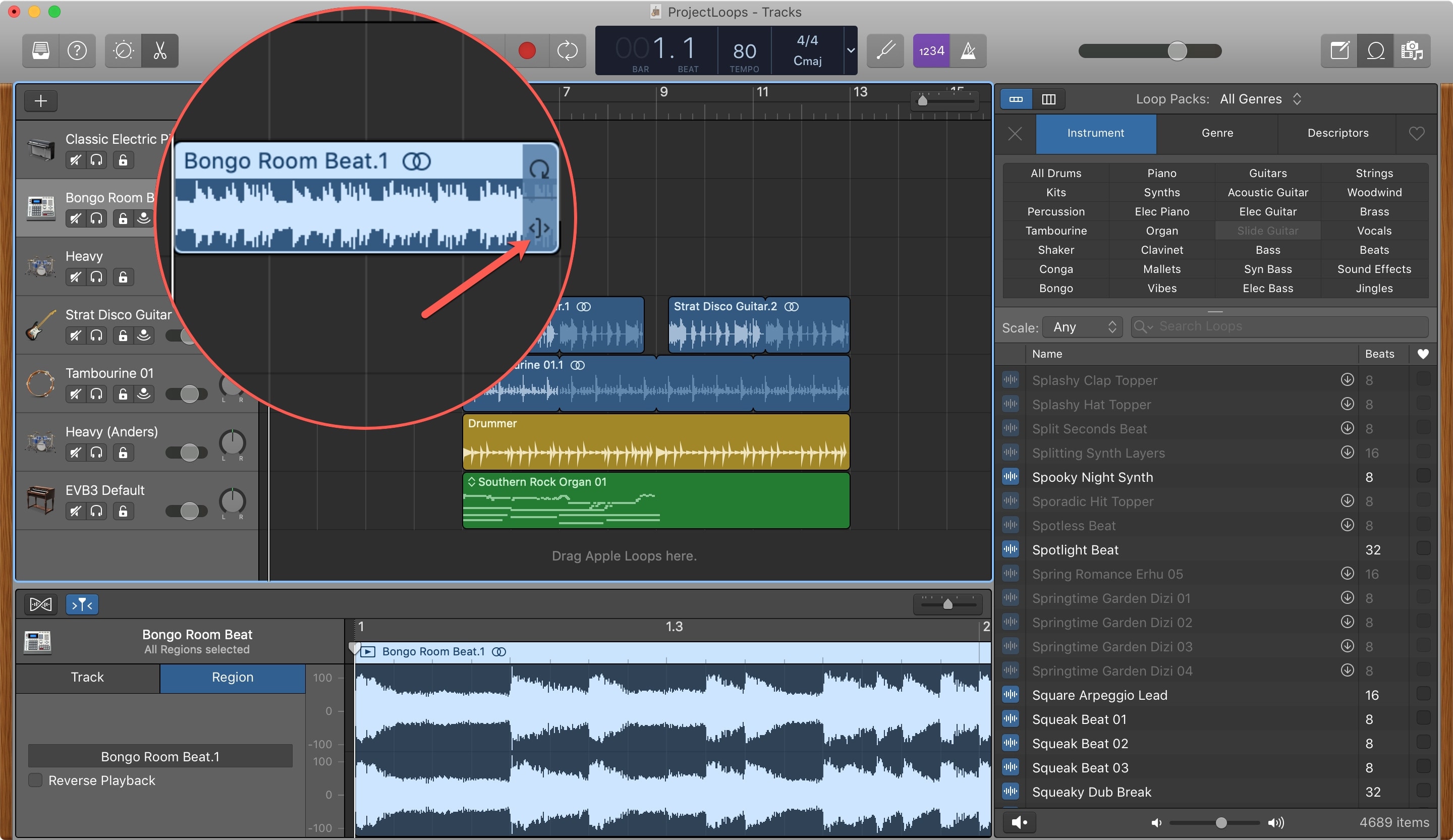 how to select a region in garageband 10.1